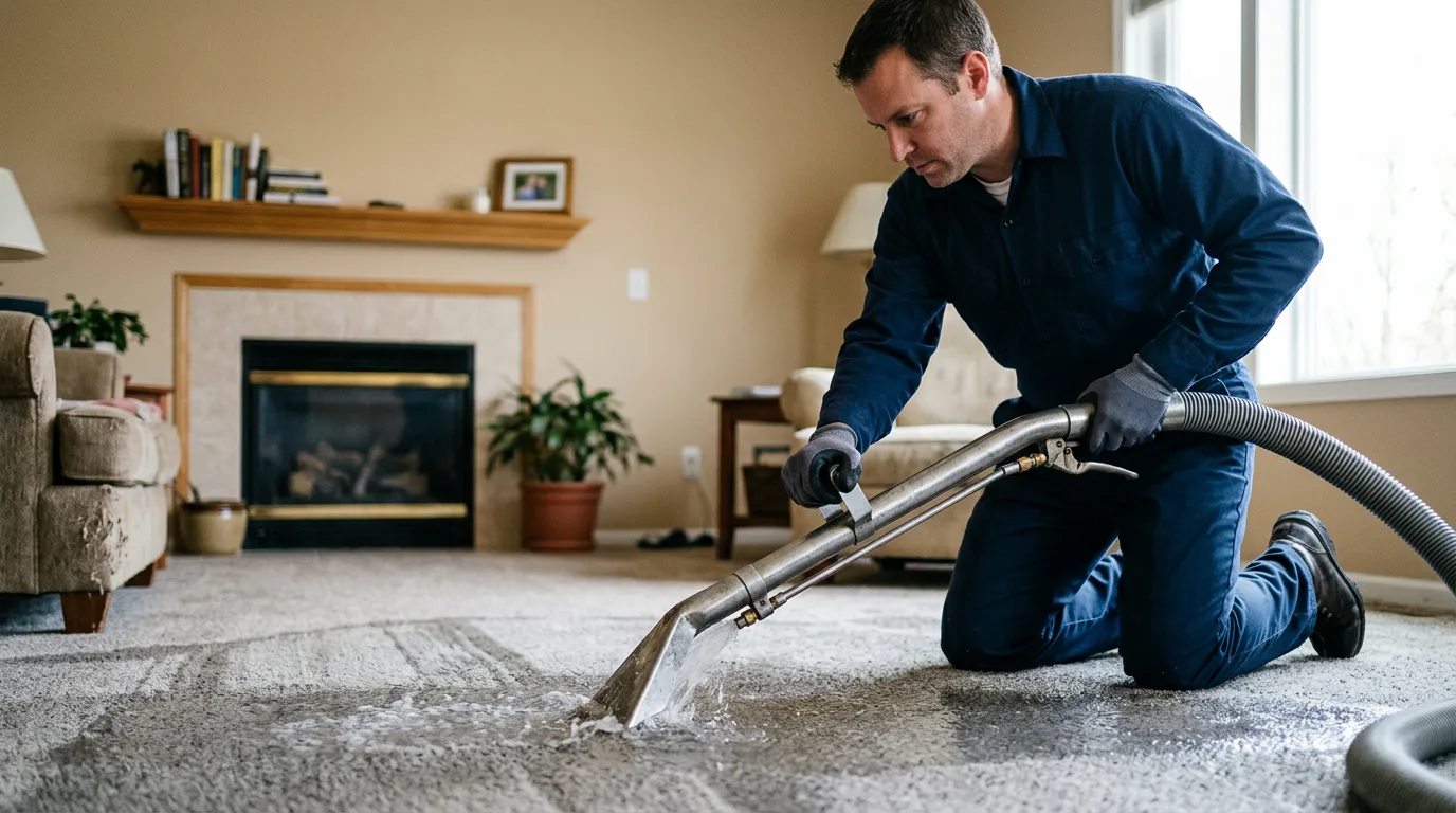 Water damage restoration technician working near Bedford, IN